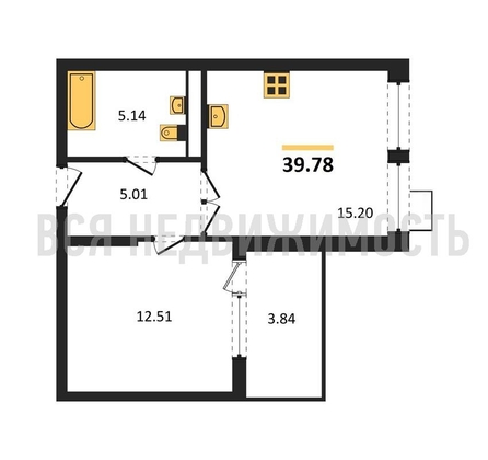 1-комнатная квартира, 39.78кв.м - изображение