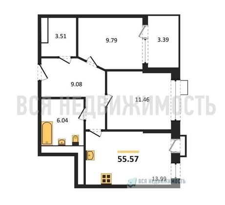 2-комнатная квартира, 55.57кв.м - изображение