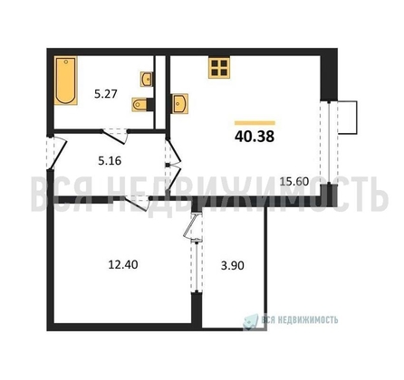 1-комнатная квартира, 40.38кв.м - изображение