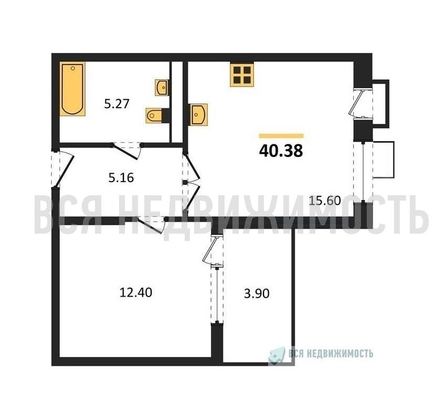 1-комнатная квартира, 40.38кв.м - изображение