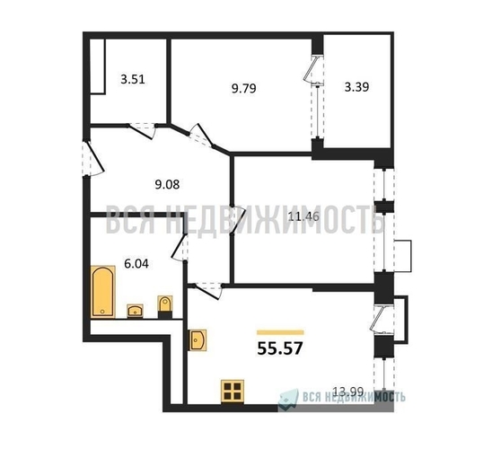 2-комнатная квартира, 55.57кв.м - изображение 0