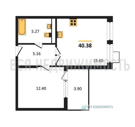 1-комнатная квартира, 40.38кв.м - изображение