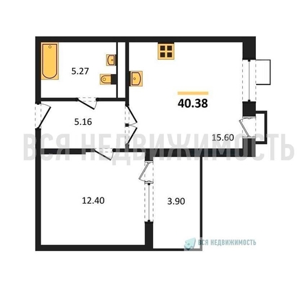1-комнатная квартира, 40.38кв.м - изображение