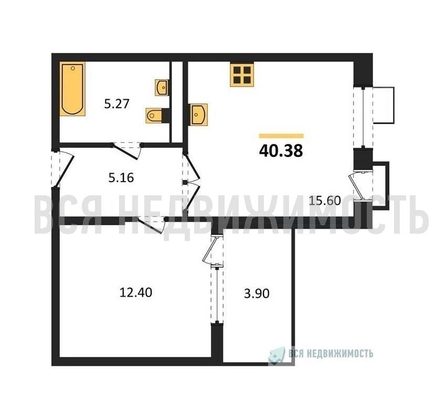 1-комнатная квартира, 40.38кв.м - изображение