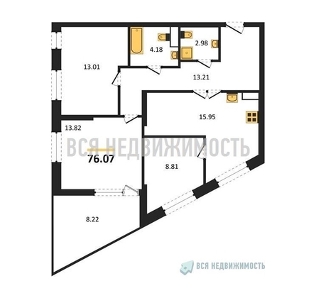 3-комнатная квартира, 76.07кв.м - изображение