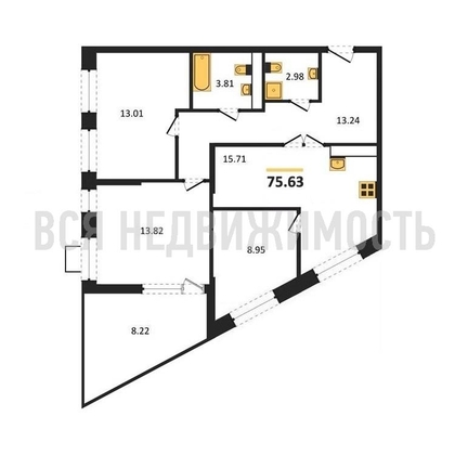 3-комнатная квартира, 75.63кв.м - изображение