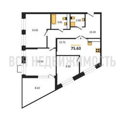 3-комнатная квартира, 75.63кв.м 3-комнатная квартира, 75.63кв.м - изображение 1