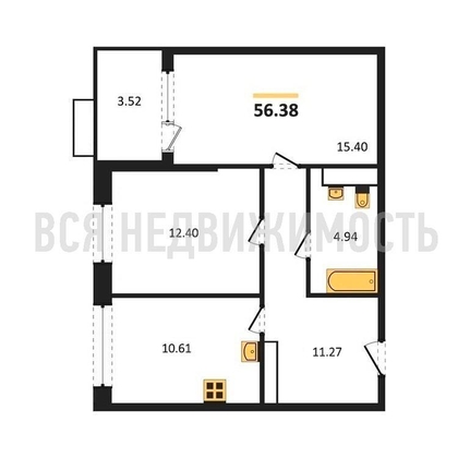 2-комнатная квартира, 56.38кв.м - изображение