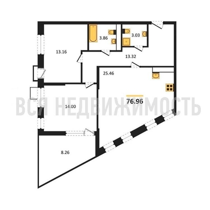 2-комнатная квартира, 76.96кв.м - изображение