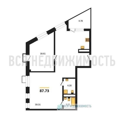 1-комнатная квартира, 87.73кв.м - изображение