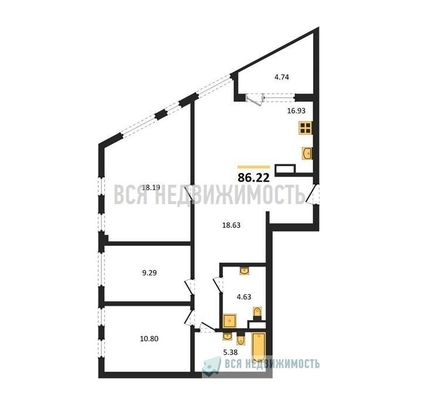 3-комнатная квартира, 86.22кв.м - изображение