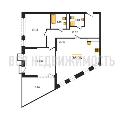 2-комнатная квартира, 76.96кв.м - изображение