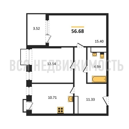 2-комнатная квартира, 56.68кв.м - изображение