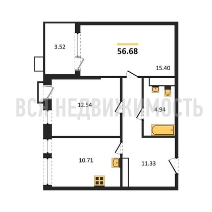 2-комнатная квартира, 56.68кв.м - изображение