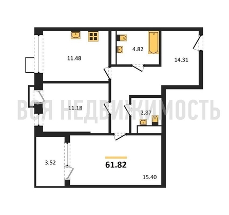 2-комнатная квартира, 61.82кв.м - изображение