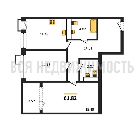 2-комнатная квартира, 61.82кв.м - изображение 0