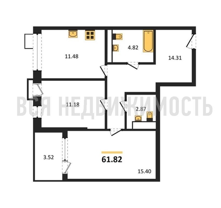 2-комнатная квартира, 61.82кв.м - изображение