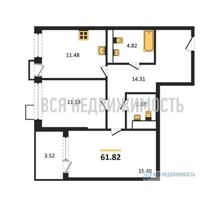 2-комнатная квартира, 61.82кв.м - изображение