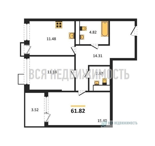 2-комнатная квартира, 61.82кв.м - изображение 0