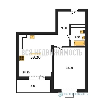 1-комнатная квартира, 53.2кв.м - изображение