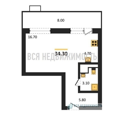 квартира-студия, 34,3кв.м. - изображение