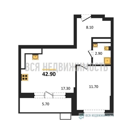1-комнатная квартира, 42.9кв.м - изображение