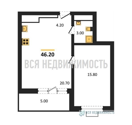 1-комнатная квартира, 46.2кв.м - изображение