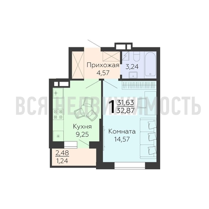 1-комнатная квартира, 32.87кв.м - изображение