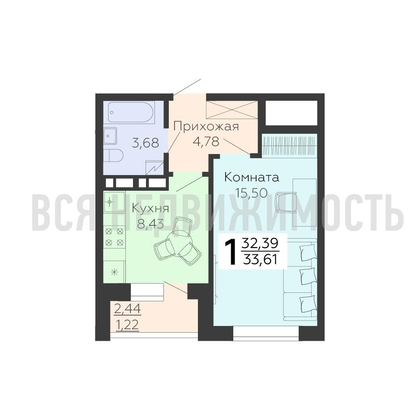 1-комнатная квартира, 33.61кв.м - изображение