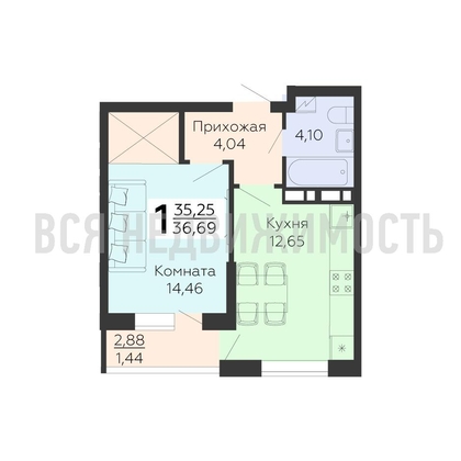 1-комнатная квартира, 36.69кв.м - изображение