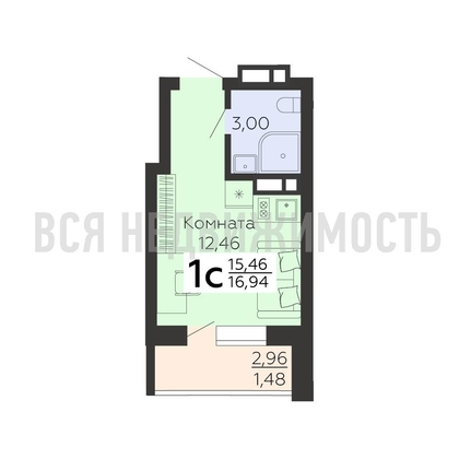 квартира-студия, 16,94кв.м. - изображение