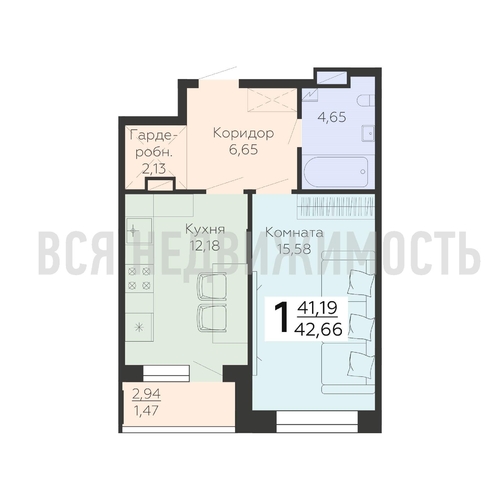 1-комнатная квартира, 42.66кв.м - изображение 0