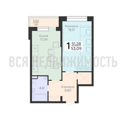 1-комнатная квартира, 53.09кв.м - изображение