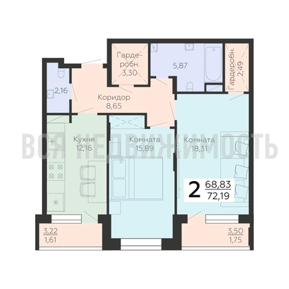 2-комнатная квартира, 72.19кв.м - изображение