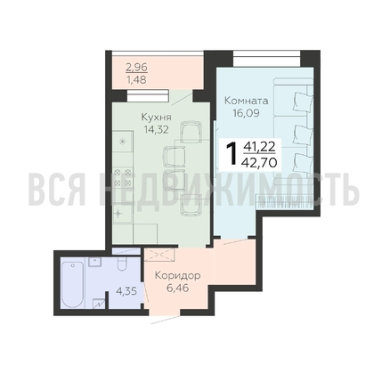 1-комнатная квартира, 42.7кв.м - изображение