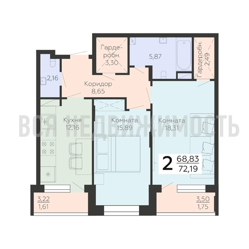 2-комнатная квартира, 72.19кв.м - изображение 0