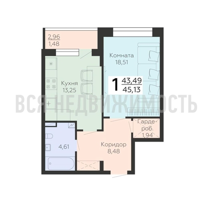 1-комнатная квартира, 45.13кв.м - изображение
