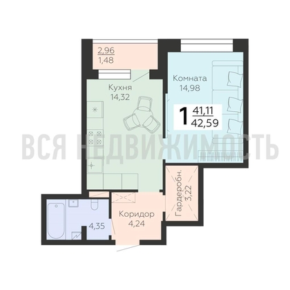 1-комнатная квартира, 42.59кв.м - изображение