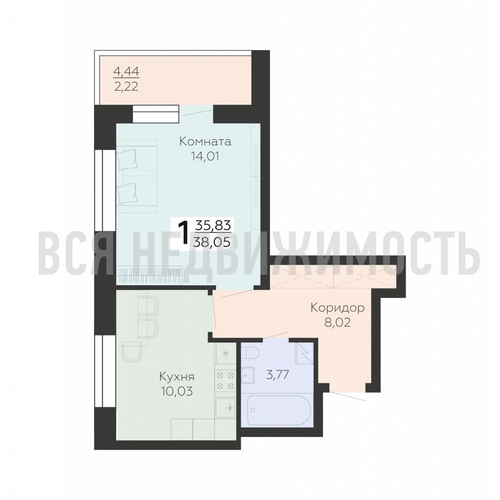 1-комнатная квартира, 38.05кв.м - изображение 0