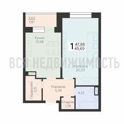 1-комнатная квартира, 49.69кв.м - изображение 1