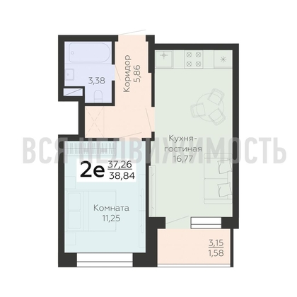 2-комнатная квартира, 38.84кв.м - изображение
