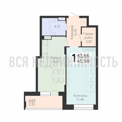 1-комнатная квартира, 45.98кв.м - изображение