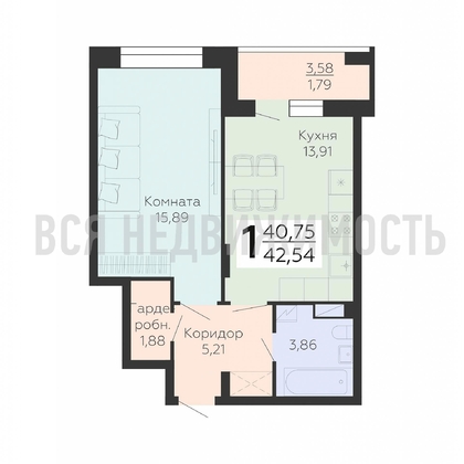 1-комнатная квартира, 42.54кв.м - изображение