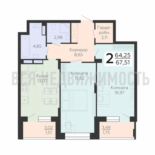 2-комнатная квартира, 67.51кв.м - изображение 0