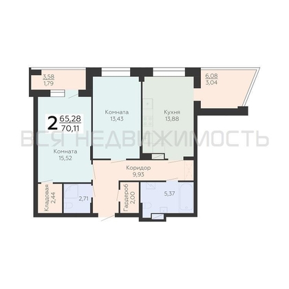 2-комнатная квартира, 70.11кв.м - изображение