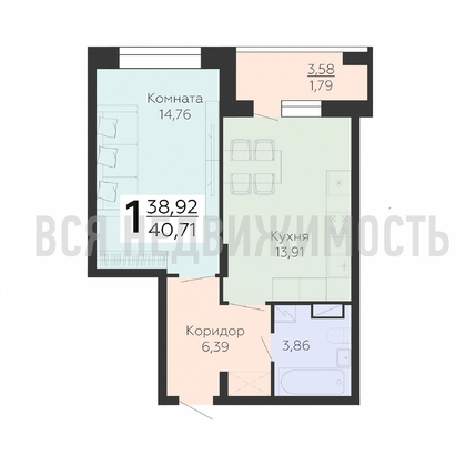 1-комнатная квартира, 40.71кв.м - изображение