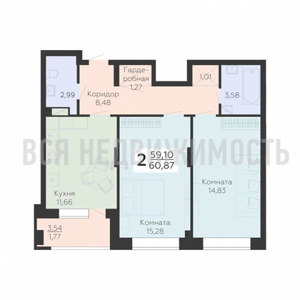 2-комнатная квартира, 60.87кв.м - изображение