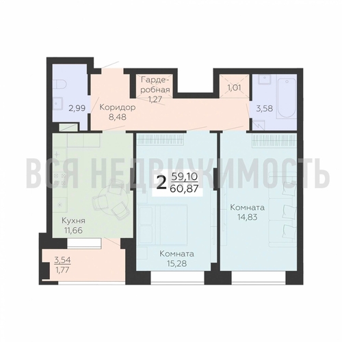 2-комнатная квартира, 60.87кв.м - изображение 0