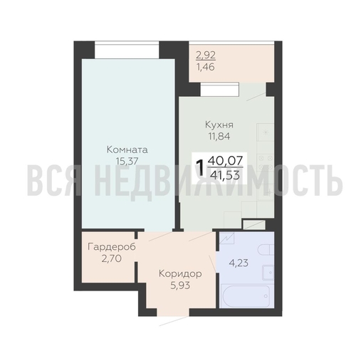 1-комнатная квартира, 41.53кв.м - изображение 0
