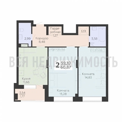 2-комнатная квартира, 60.87кв.м - изображение 1